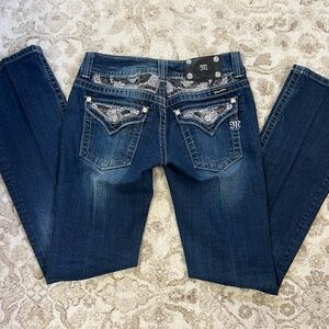 Miss Me Dark Blue Boot Cut Jeans with Silver & Black Accents